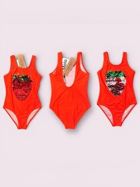 NWT-MOLO Reversible Sequin Strawberry Swimsuit 🍓 Girls Designer Swimsuit 7/8